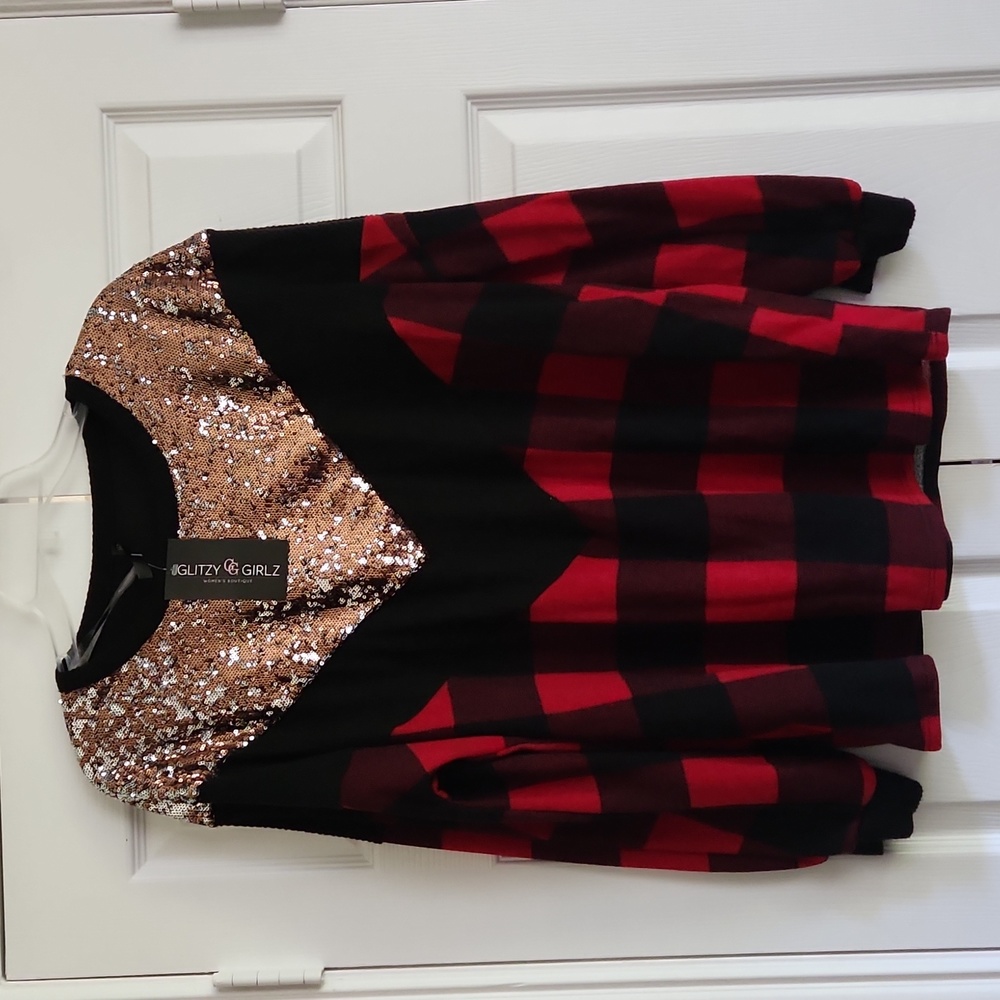 🛍 GLITZY GIRLZ Buffalo plaid sequin sweatshirt 2X metallic gold fleece pullover